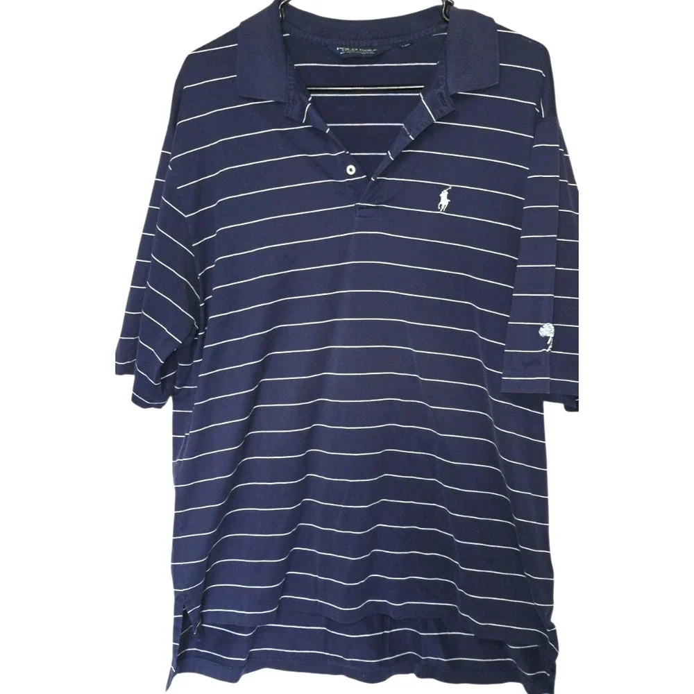 Ralph Lauren Mens Polo Knit Short Sleeve Cotton Blue Stripe‎ Logo Shirt Size Xl
